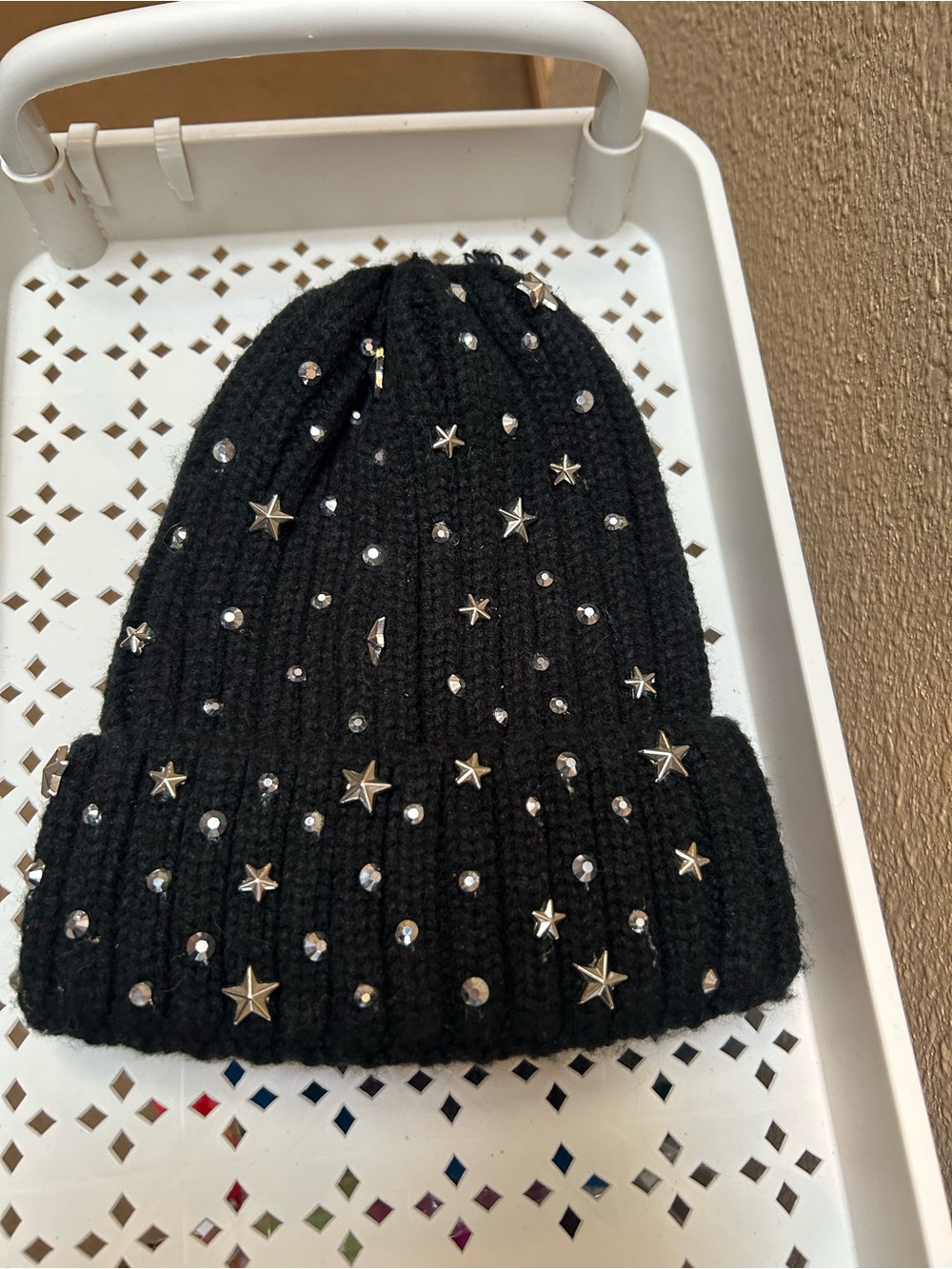 Black Beanie with Stars & Rhinestones Knit Hat Rock Emo